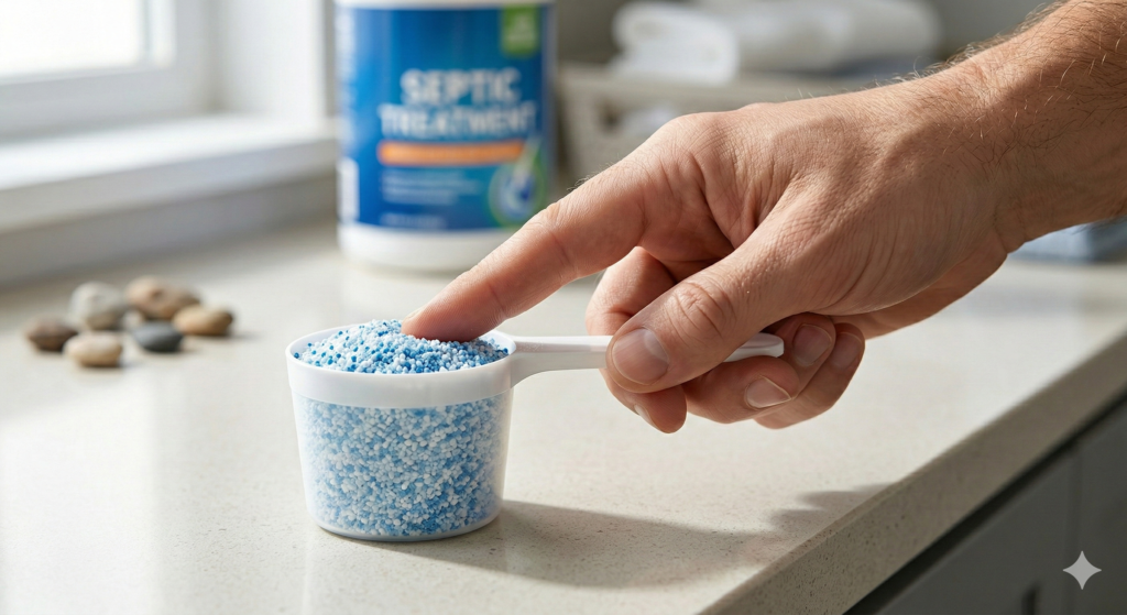 Close-up of a hand leveling off a scoop of Miller Plante septic powder, demonstrating efficient usage.