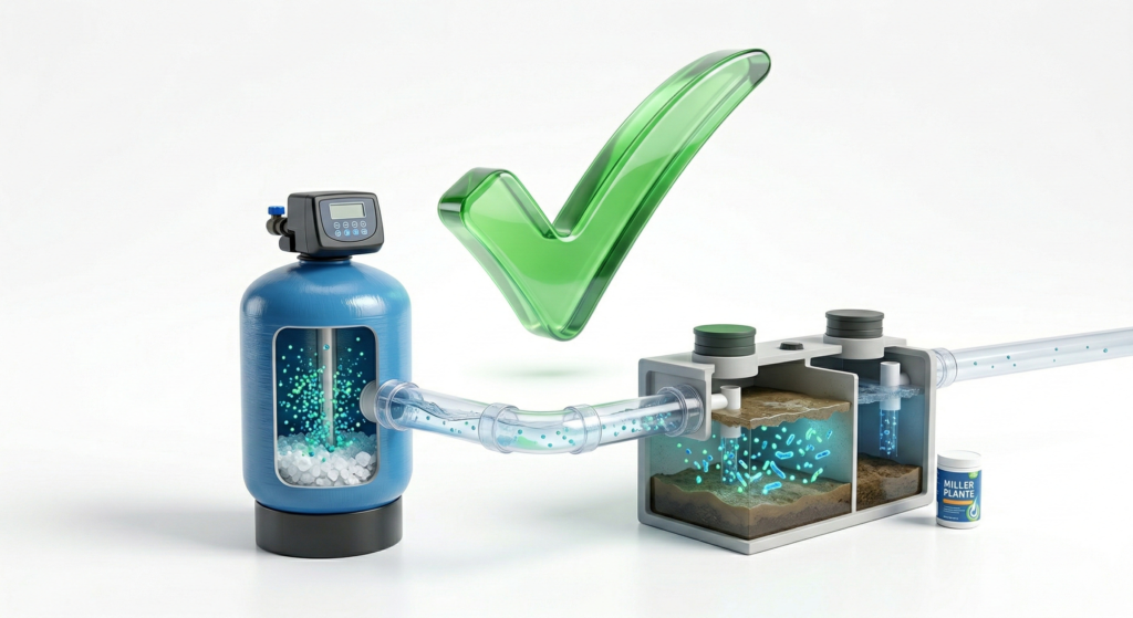 Green checkmark icon representing the compatibility of water softeners and septic treatments.