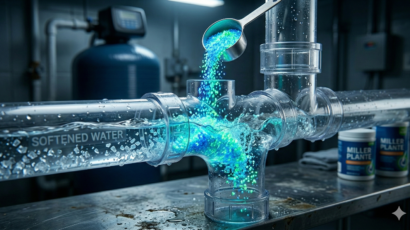 Scientific visualization of water softener minerals and septic bacteria treatment successfully mixing in a clear pipe.