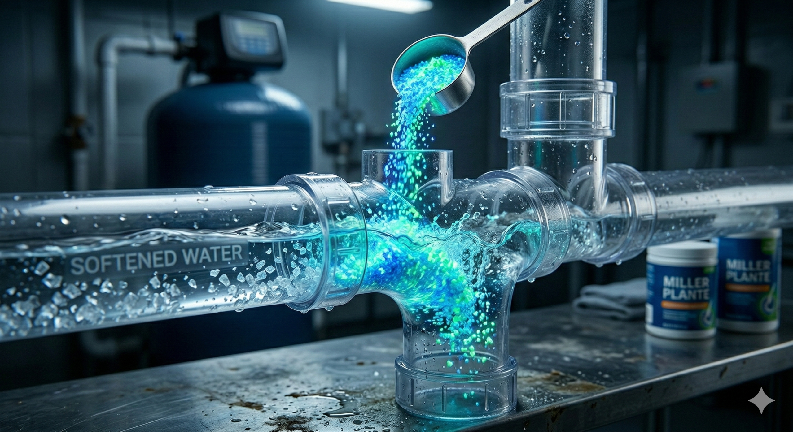 Scientific visualization of water softener minerals and septic bacteria treatment successfully mixing in a clear pipe.