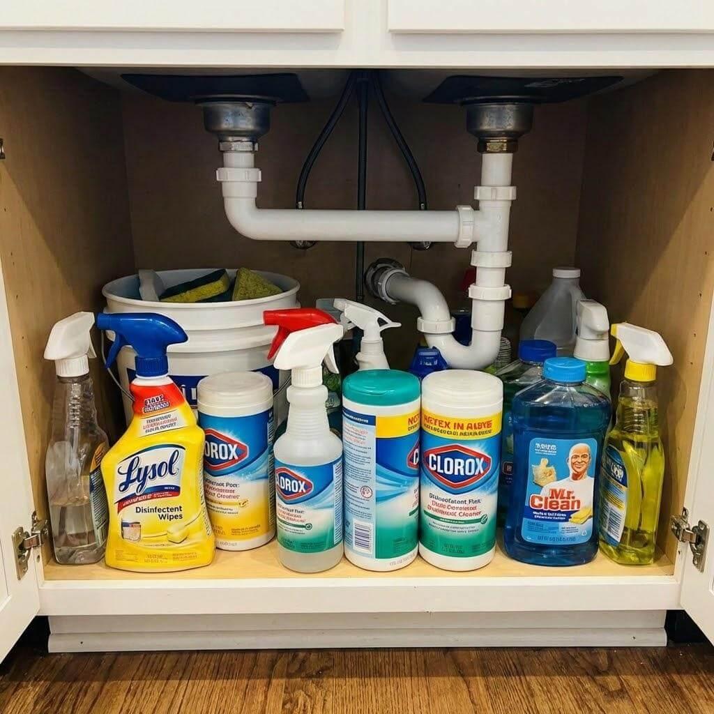Kitchen cabinet filled with cleaning products.